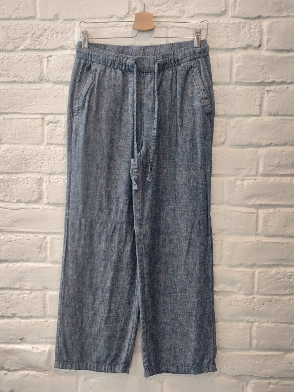 Old Navy Linen Blend Pants Womens S Blue Wide Leg Pull on Drawstring Pocket